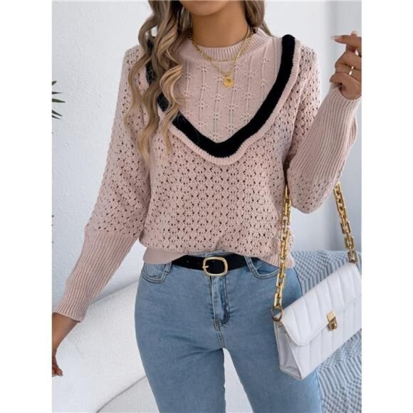 Hollow-Out Knit Top with Contrast Trim - Picture 13 of 16